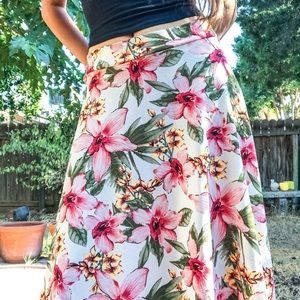 Vintage Tropical Floral Flowy Mid Length Skirt